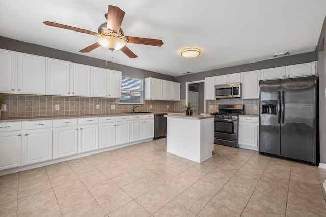 kitchen featuring appliances with stainless steel finishes, a center island, and white cabinets