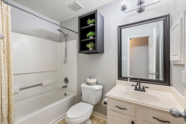 full bathroom with vanity, a textured ceiling, toilet, and shower / bathtub combination with curtain