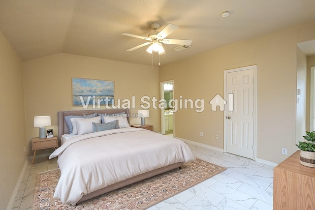 bedroom with ceiling fan and vaulted ceiling