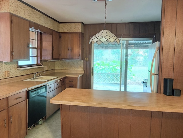 kitchen with black dishwasher, a healthy amount of sunlight, sink, and pendant lighting