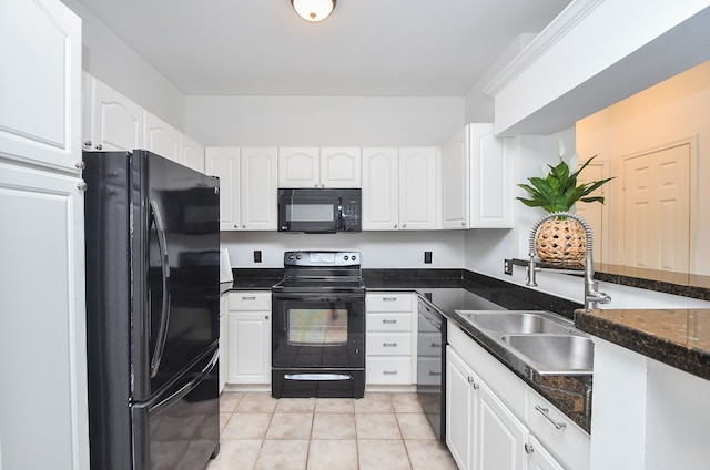 kitchen featuring light tile patterned flooring, white cabinetry, sink, and black appliances