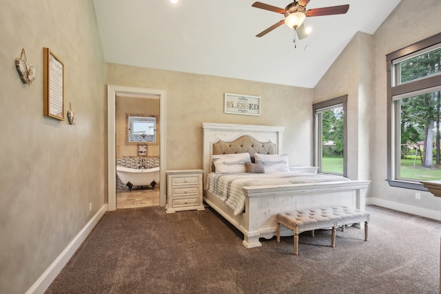 bedroom featuring ceiling fan, high vaulted ceiling, and dark carpet