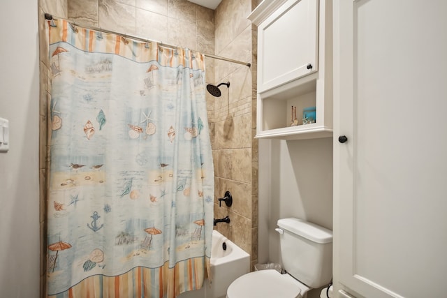 bathroom with shower / tub combo with curtain and toilet