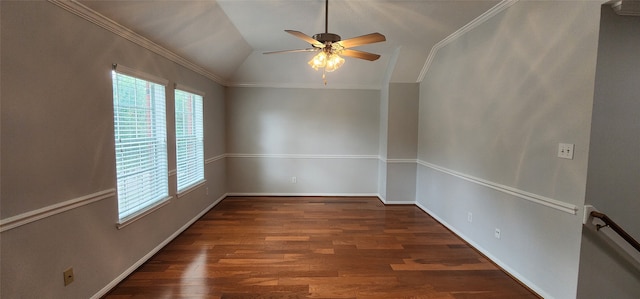 unfurnished room with crown molding, vaulted ceiling, dark hardwood / wood-style floors, and ceiling fan