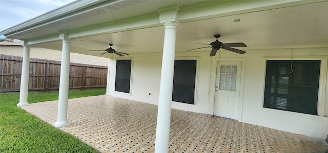 view of patio featuring ceiling fan