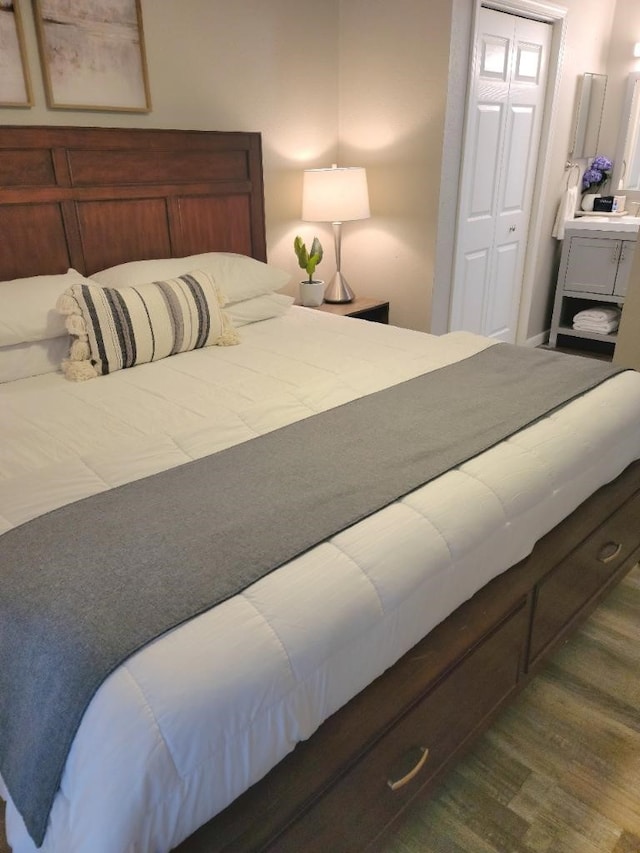 bedroom with ensuite bath, a closet, and dark hardwood / wood-style flooring