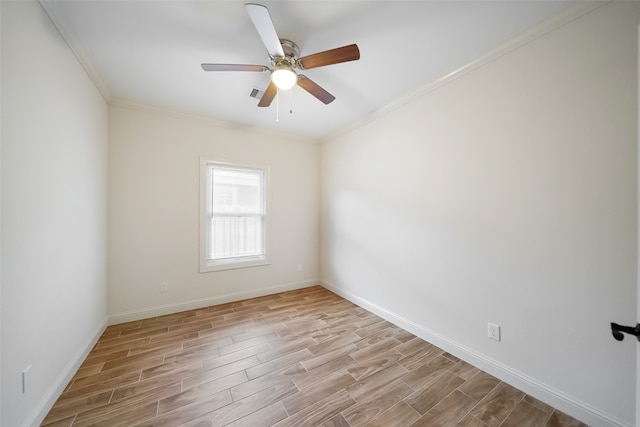 unfurnished room with crown molding, light wood-type flooring, and ceiling fan