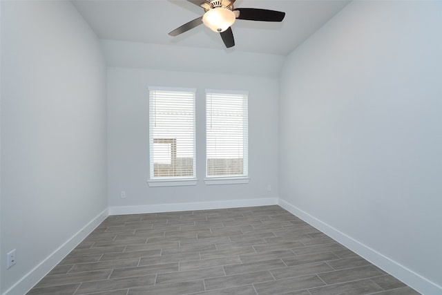 unfurnished room featuring lofted ceiling and ceiling fan