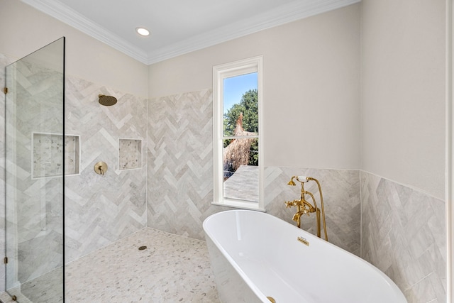 bathroom with crown molding and plus walk in shower