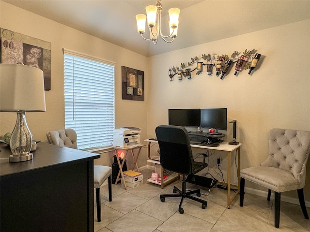 tiled home office featuring a notable chandelier