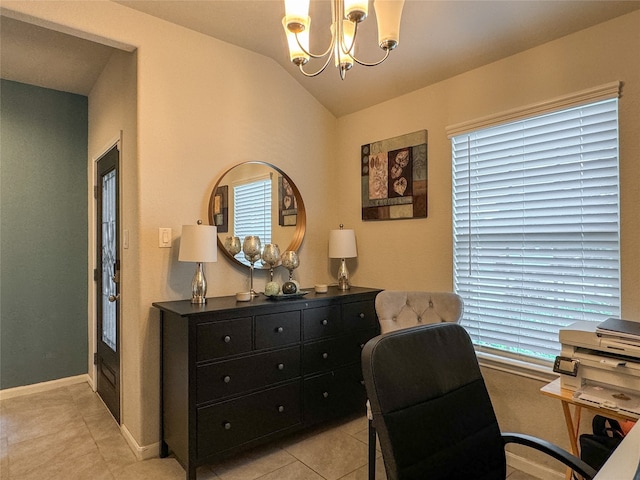 office area featuring a wealth of natural light, vaulted ceiling, a notable chandelier, and light tile patterned floors