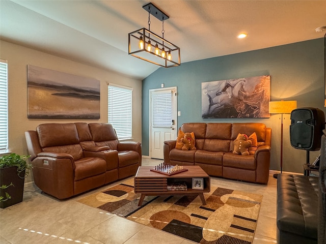 tiled living room featuring lofted ceiling