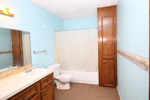 full bathroom with vanity, toilet, a textured ceiling, and shower / bath combo with shower curtain