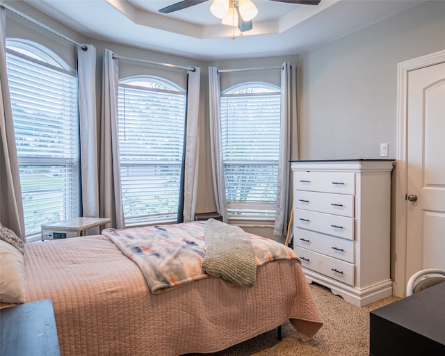 carpeted bedroom with ceiling fan and a raised ceiling