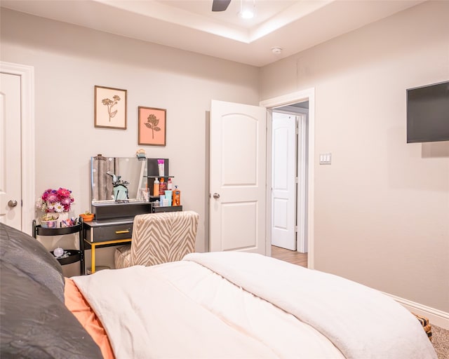 bedroom featuring a tray ceiling and ceiling fan