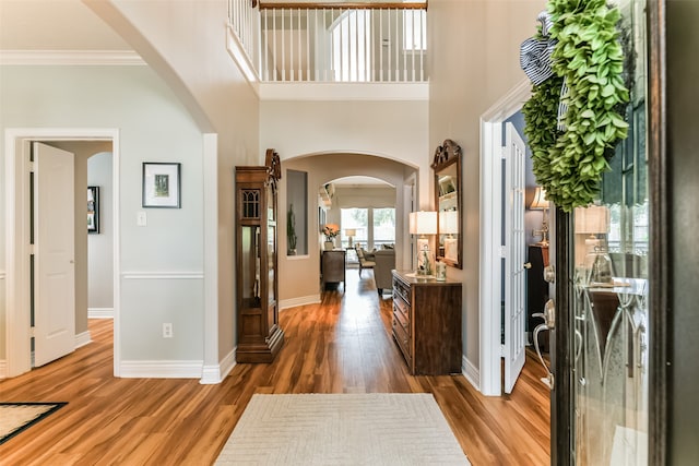 foyer with ornamental molding, wood-type flooring, and a high ceiling