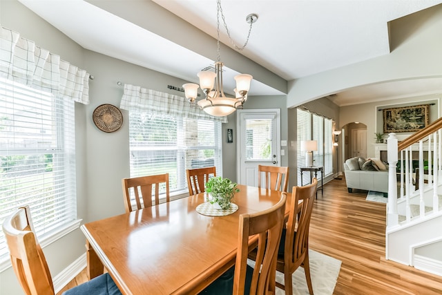 dining space featuring a healthy amount of sunlight, light hardwood / wood-style flooring, and a chandelier