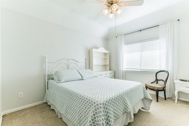 bedroom featuring light carpet and ceiling fan