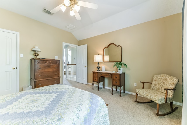 carpeted bedroom featuring ceiling fan and lofted ceiling