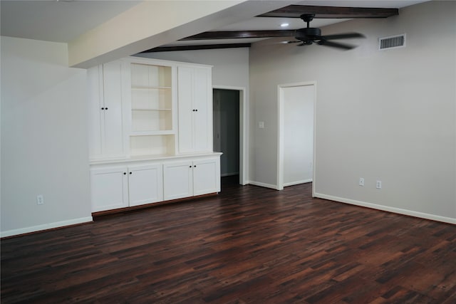 unfurnished living room featuring ceiling fan, lofted ceiling with beams, and dark hardwood / wood-style floors