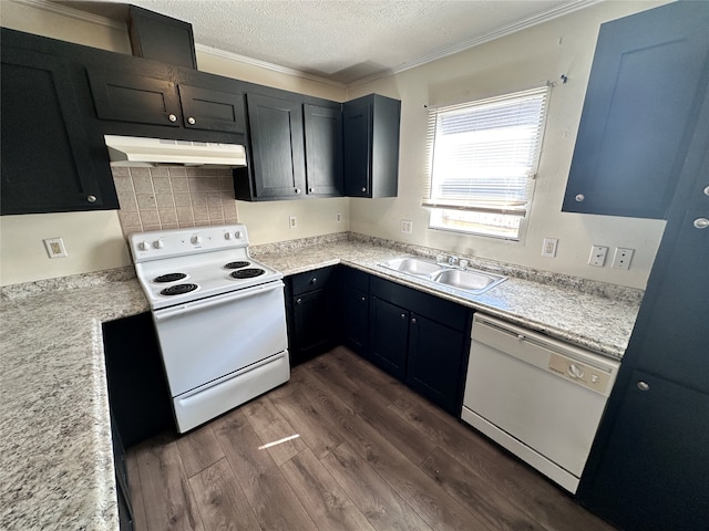 kitchen with sink, ventilation hood, a textured ceiling, white appliances, and dark hardwood / wood-style flooring