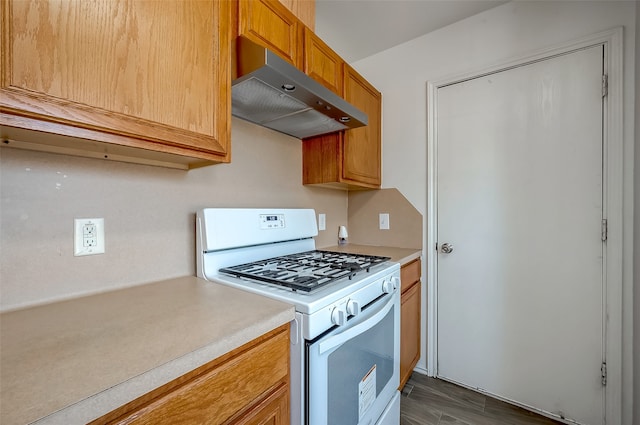 kitchen with range hood, white gas stove, and dark hardwood / wood-style flooring