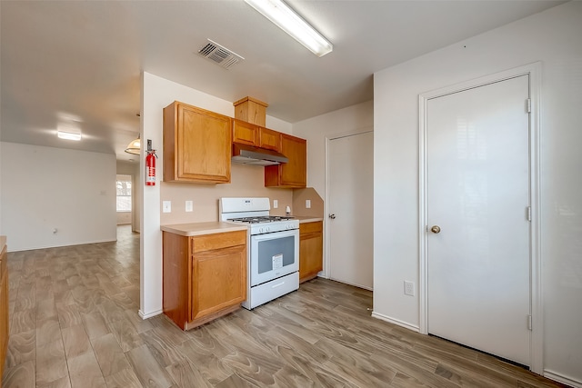 kitchen with light hardwood / wood-style flooring and white gas stove