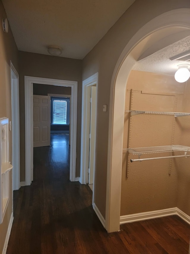 corridor featuring dark wood-type flooring