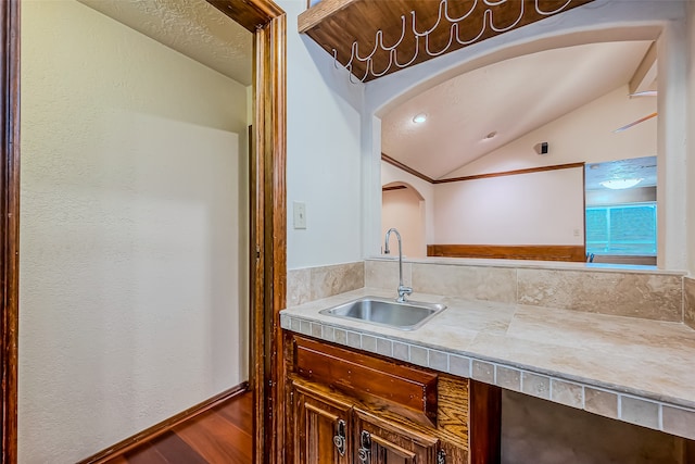 kitchen with hardwood / wood-style floors, lofted ceiling, and sink