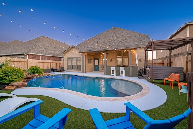 view of swimming pool featuring a pergola, a patio area, and pool water feature