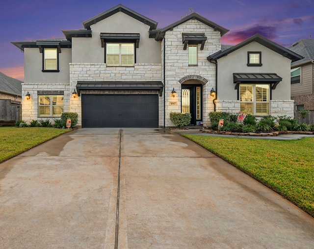 french country inspired facade with a garage and a lawn