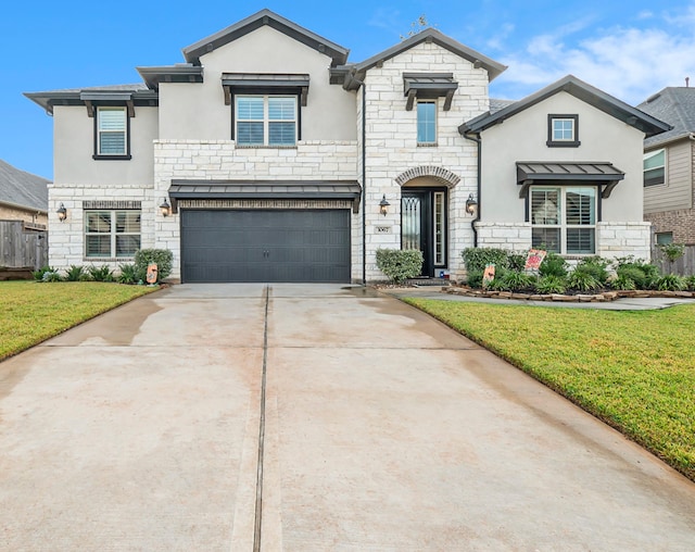 french provincial home with a front yard and a garage