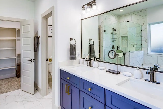 bathroom with vanity, toilet, and walk in shower