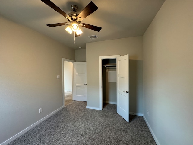 unfurnished bedroom featuring a closet, ceiling fan, and carpet flooring