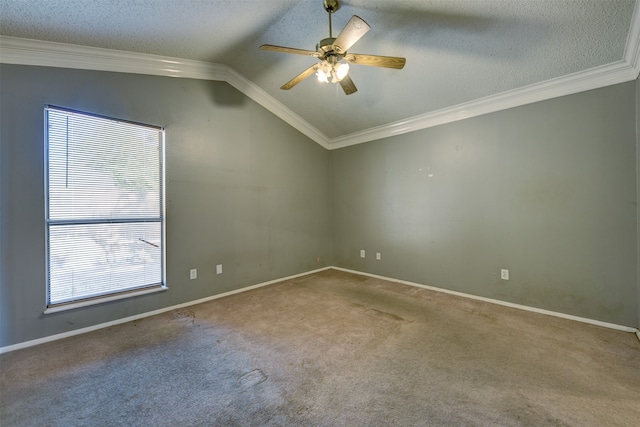 carpeted spare room featuring lofted ceiling, a textured ceiling, and plenty of natural light