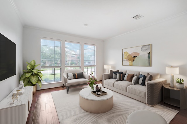 living room with dark hardwood / wood-style flooring and crown molding