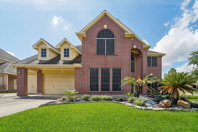 view of front of house with a front lawn and a garage