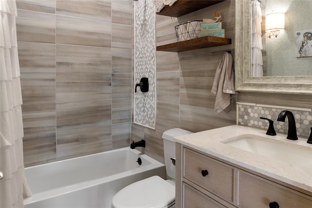 full bathroom with vanity, shower / bath combination with curtain, toilet, and tasteful backsplash