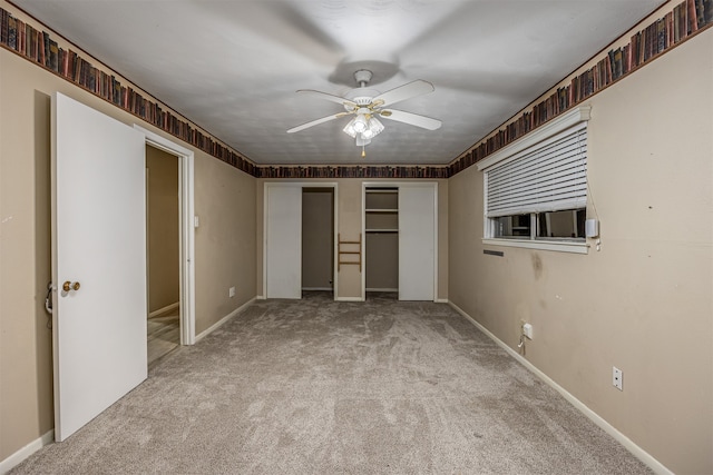 unfurnished bedroom with light carpet and ceiling fan