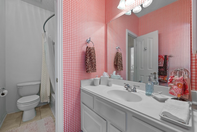 full bathroom featuring toilet, vanity, shower / bath combination with curtain, and tile patterned flooring