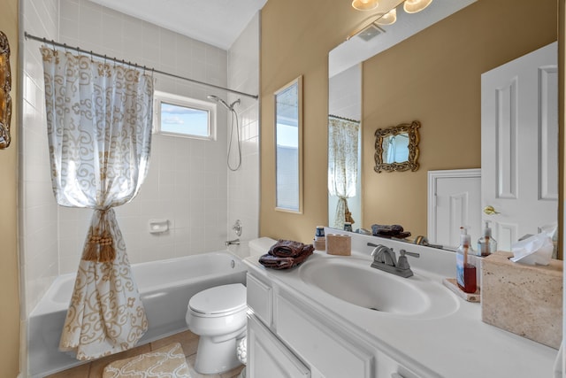 full bathroom with vanity, shower / bathtub combination with curtain, toilet, and tile patterned flooring