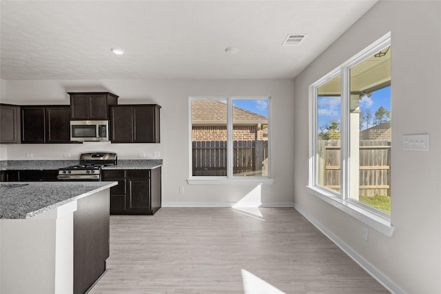 kitchen with plenty of natural light, light hardwood / wood-style floors, and appliances with stainless steel finishes