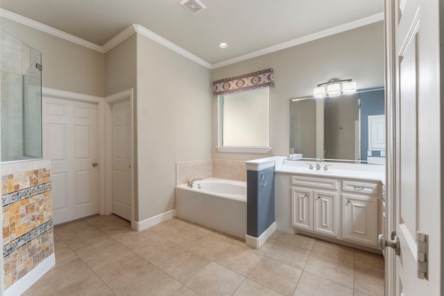 bathroom with tile patterned floors, vanity, ornamental molding, and a tub to relax in