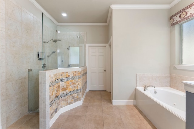 bathroom with tile patterned floors, ornamental molding, and independent shower and bath