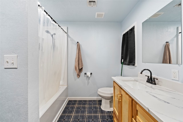 full bathroom with toilet, shower / bath combo with shower curtain, and vanity