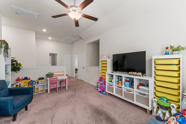 recreation room featuring carpet flooring and ceiling fan