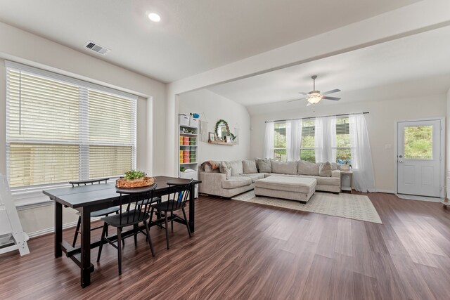 dining area featuring dark hardwood / wood-style floors and ceiling fan