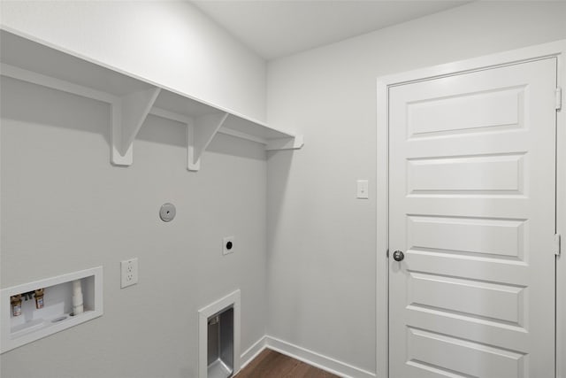 clothes washing area featuring hookup for a washing machine, laundry area, baseboards, dark wood-style floors, and electric dryer hookup