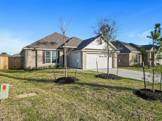 single story home featuring a front lawn, concrete driveway, brick siding, and an attached garage