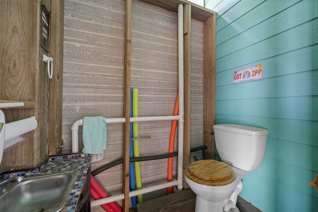 bathroom with toilet and wooden walls